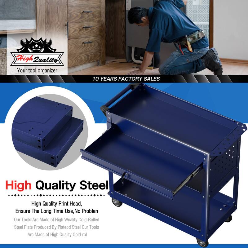 3-Tier Rolling Tool Cart on Wheels for Mechanics with Utility Drawer
