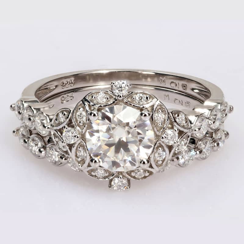 Miadora 1 3/5ct DEW Moissanite Floral Halo Bridal Ring Set in Sterling Silver