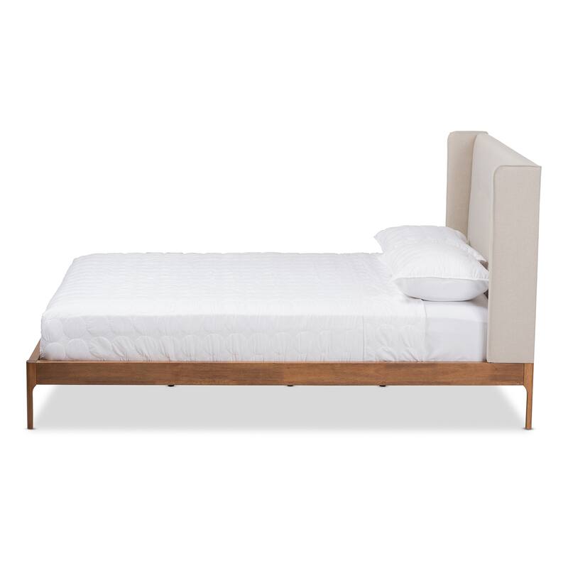 King Size Platform Bed Walnut Wood & Beige Fabric Headboard, Modern Bedroom Furniture