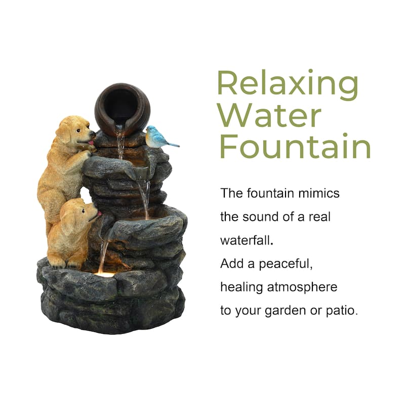 Puppy Rock Tower Farmhouse Resin Outdoor Fountain with Lights