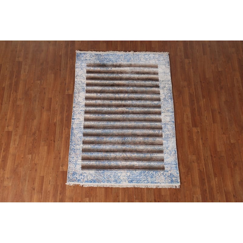 Striped Abstract Modern Accent Rug Hand-Knotted Wool Carpet - 4'1"x 5'10"