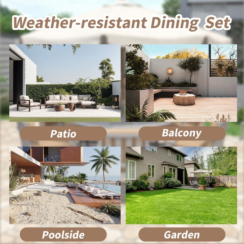 Roomfitters 4-Person Outdoor Wooden Dining Set with Umbrella Hole & Removable Cushions for Patio, Gray