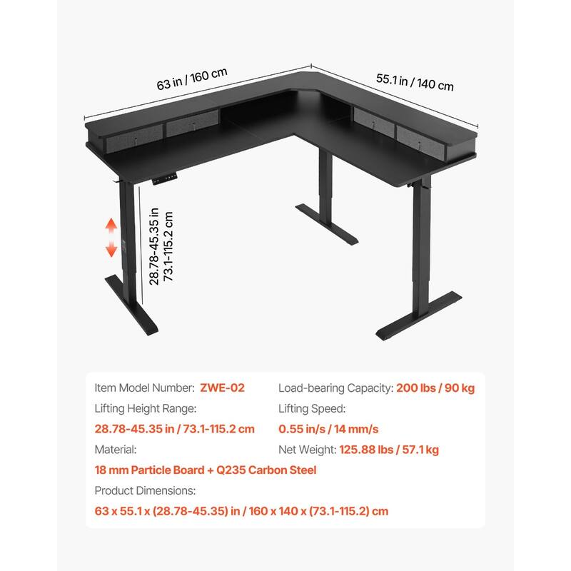 Black Carbon Steel Electric L Shaped Standing Desk with Dual Motors and Drawers