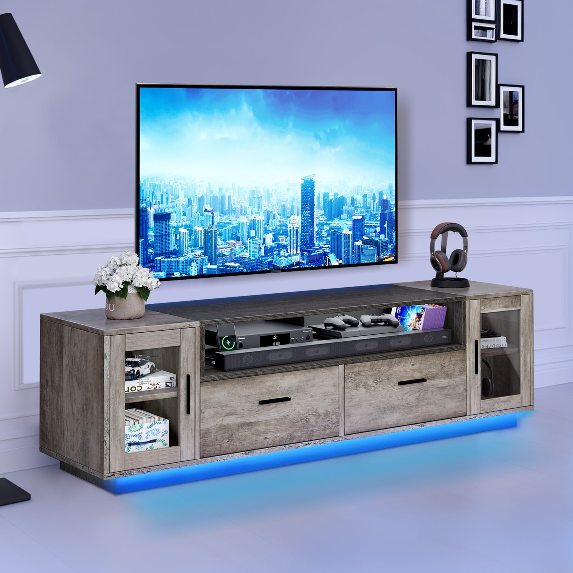 Moasis Modern LED TV Stand w/Power Outlets & USB Ports, 2 Storage Drawers Entertainment Center