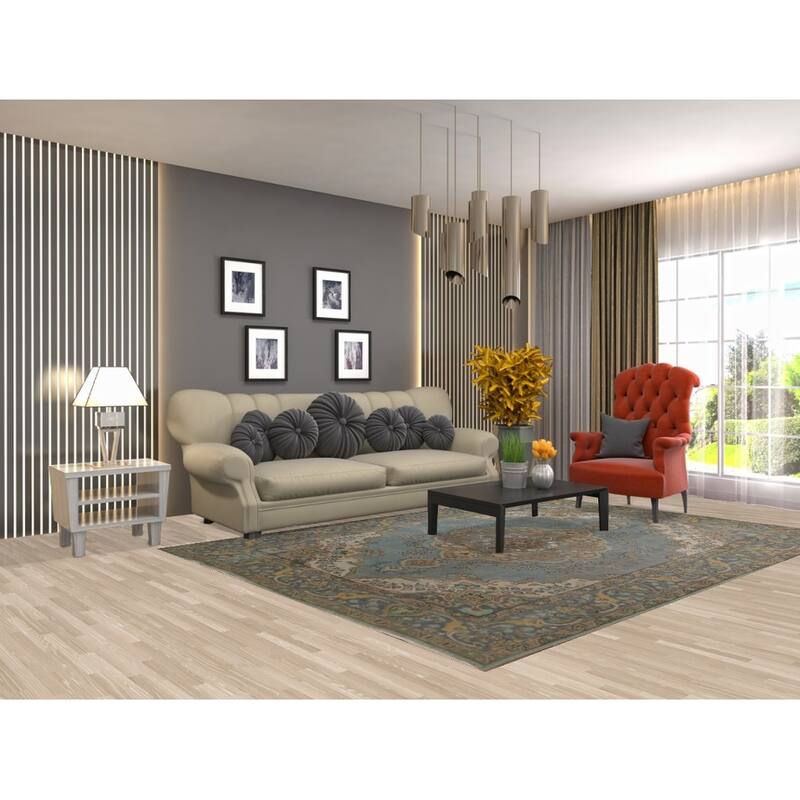 Hand Knotted Oriental 100% Wool Carpet Traditional Medallion Navy Blue & Blues Tabriz Area Rug - 9' 4'' X 6' 8''