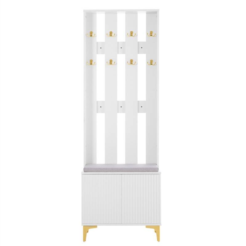 Luxury 4-in-1 Hall Tree with Shoe Bench and Cushion, Versatile Coat Rack with 8 Gold Hooks, Entryway Bench w/ Adjustable Shelves