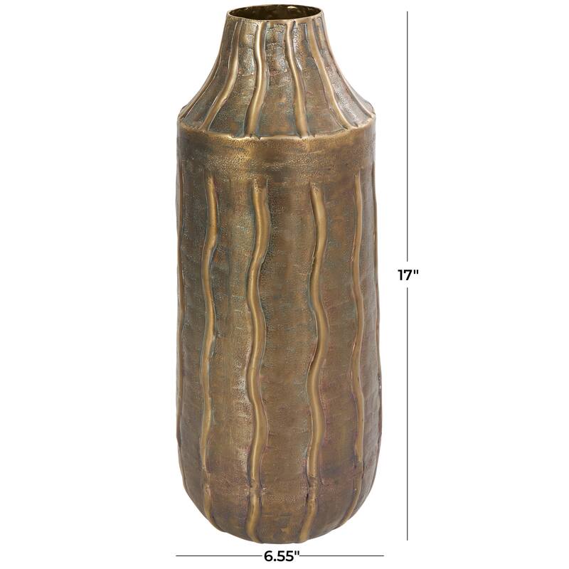 Brass Metal Snakeskin Inspired Vase with Dimensional Wavy Accents