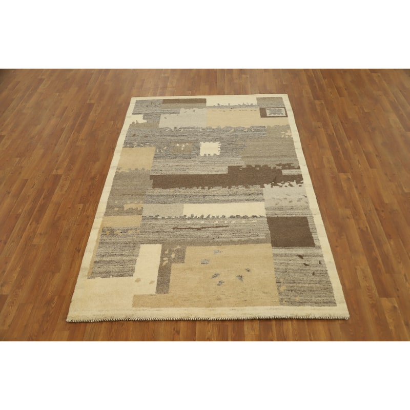 Hand Knotted Oriental 100% Wool Carpet Modern Abstract Greys & Charcoal Gabbeh Area Rug - 7' 3'' X 4' 11''