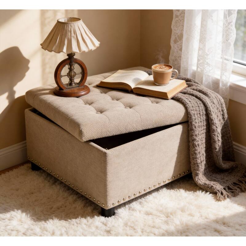 Storage Ottoman,Tufted Footstool, Nailhead Trim Ottoman, Square Storage Ottoman, Upholstered Coffee Table, Bedroom Storage