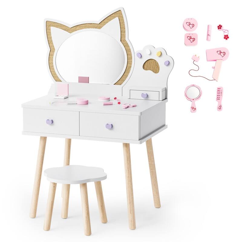 Kids Cat Mirror Vanity Makeup Dressing Table With 7 Pretend Play Accessories - N/A - White