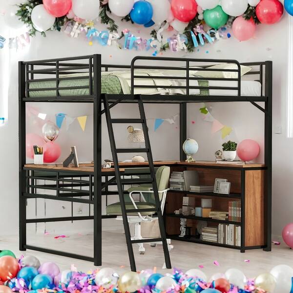 slide 2 of 18, Full Size Metal Loft Bed with 3 Layers of Shelves and L-shaped Desk for Home Black