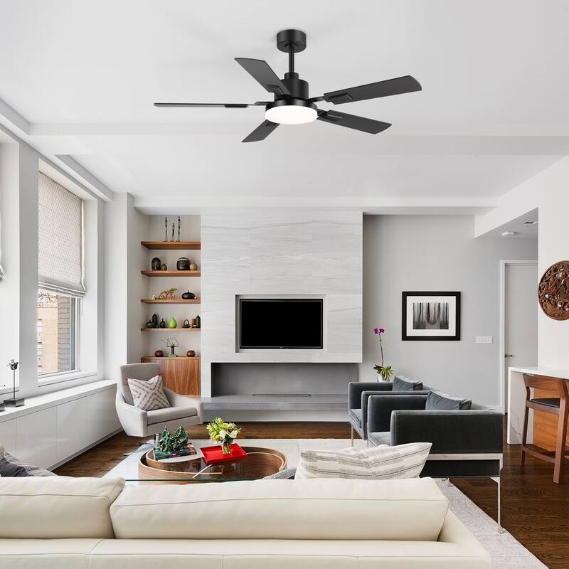 48"/52"/60" Modern Black LED Ceiling Fan with Light Remote (5/6 Reversible Blades)