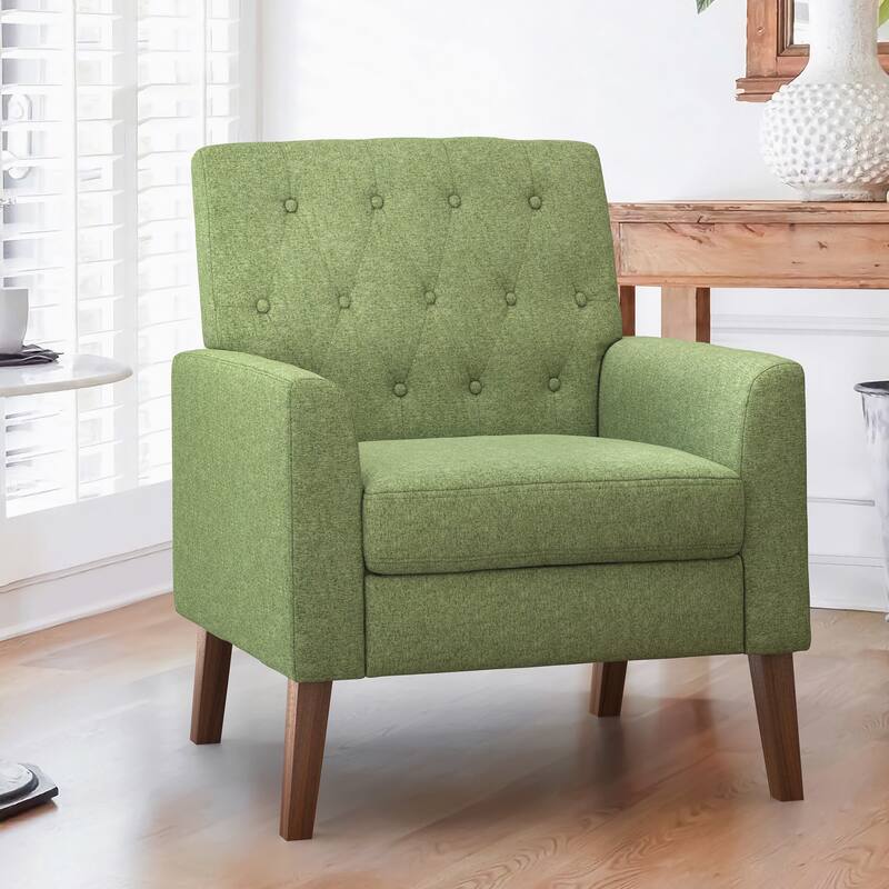 Mid-Century Modern Upholstered Linen Fabric Button Tufted Accent Chair - 28.5 W X 27.25 D X 33.75 H - Avocado Green Linen