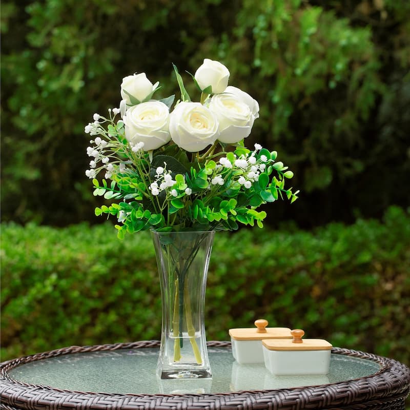 Mixed Artificial Rose Floral Arrangements in Vase Table Centerpieces for Dining Room Decoration