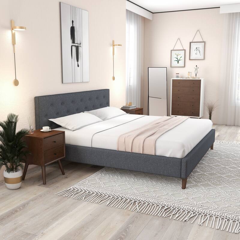 Queen Size Modern Upholstered Platform Bed with Tufted Headboard and Solid Wood Frame, Fabric Grey