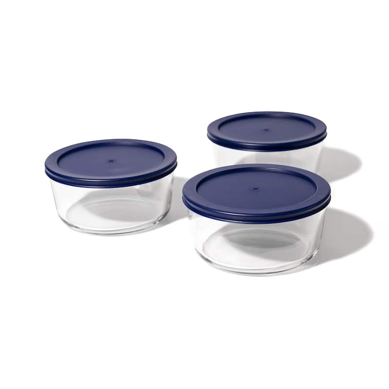 Glass Food Storage Containers Set - Round, 4-Cup (32oz) BPA-Free, Microwave & Oven Safe, Airtight Lids - 6 Piece Set (3 Containers + 3 Lids) - Blue