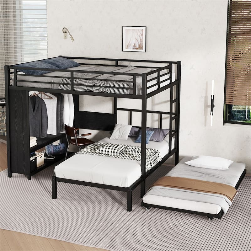 Queen Over Twin Bunk Bed w/Built-in Wardrobe,Metal Bunk Bed w/Trundle