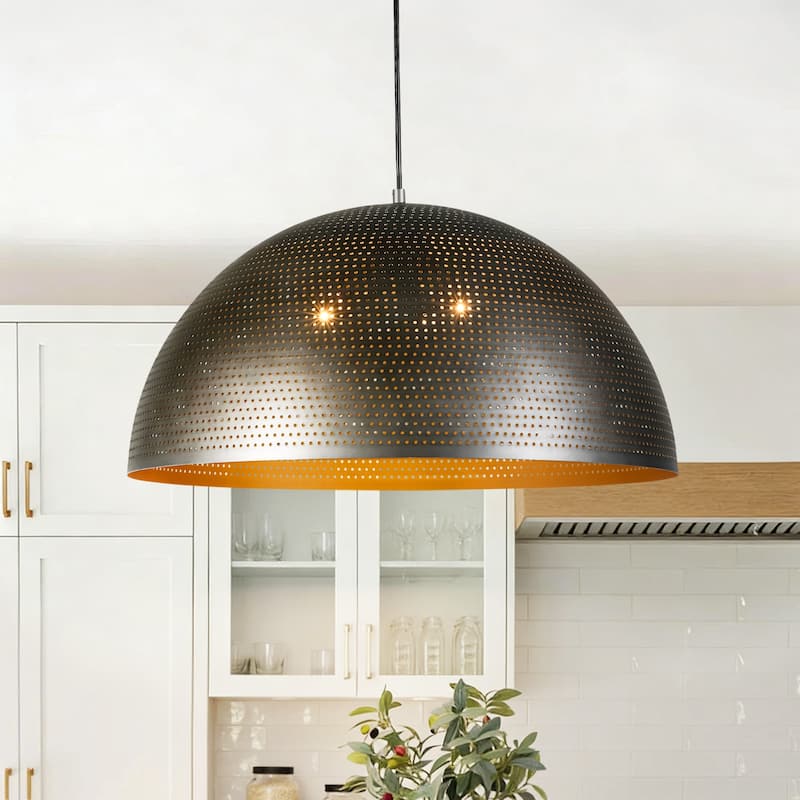 Rennnsan 3-Light Gold/Black Perforated Gold/Black Dome Pendant Light for Kitchen Island Dining Room