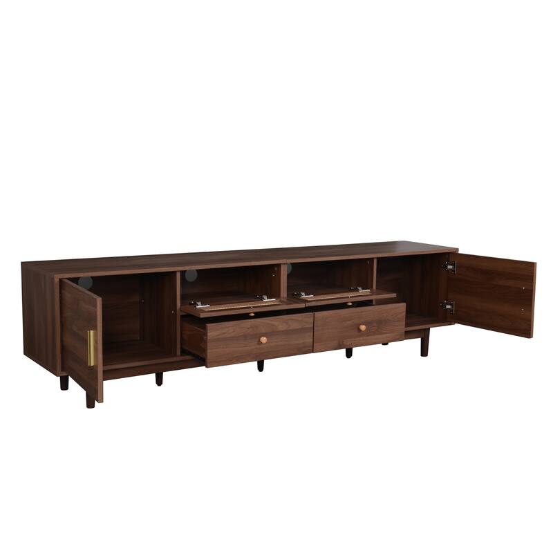 Modern Stylish Rattan TV Stand for TVs up to 85" with 2 Drawers and 2 Pull-down Cabinet Doors, for Living Rooms and Bedrooms