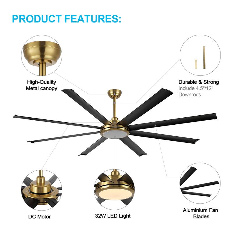 WINGBO 64" and 72" and 80" and 96" Indoor Ceiling Fan with LED Light and Remote