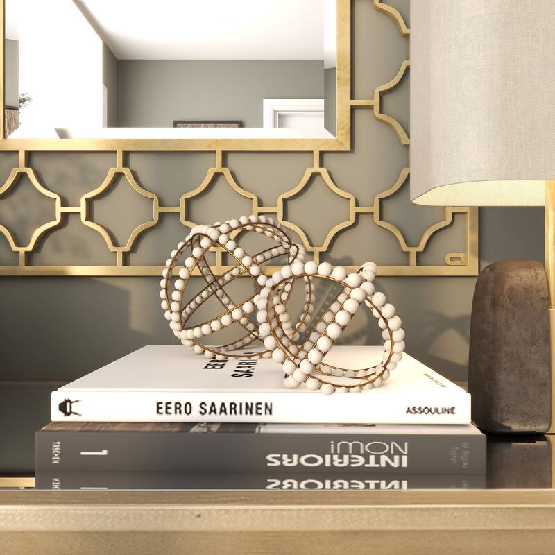 White Metal Handmade Beaded Geometric Decorative Sculpture (Set of 2)