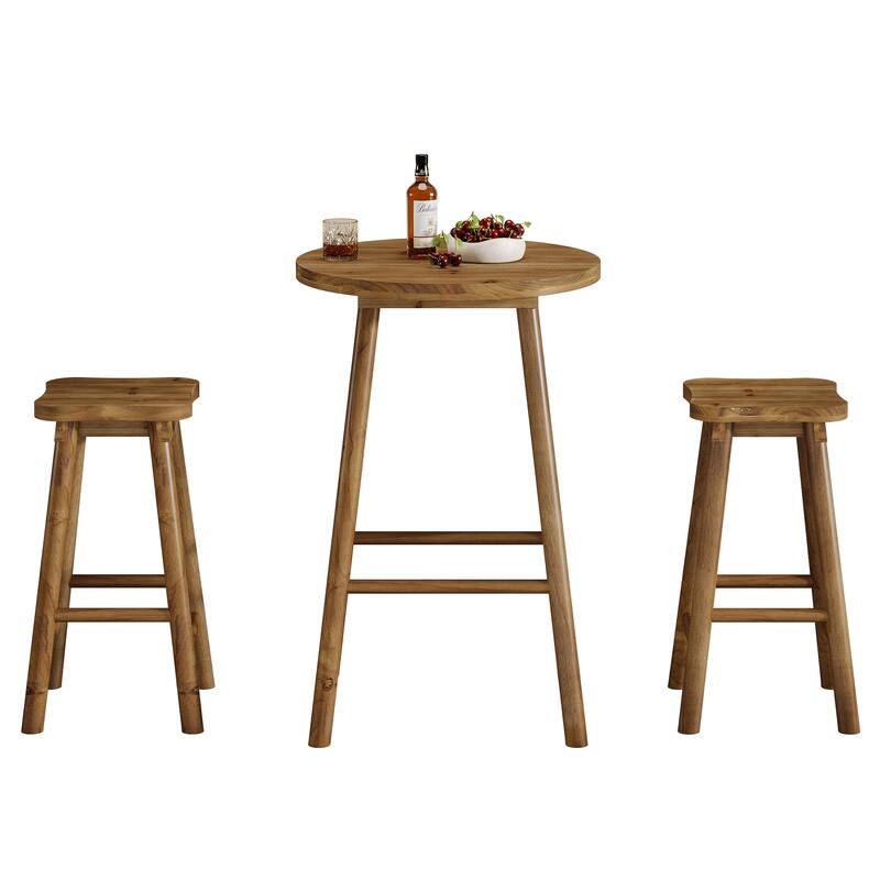 Solid Wood Round Bar Table & 2 Barstools Set, Pub Bistro Coffee Cocktail Accent Table, Bar Dining Room Kitchen