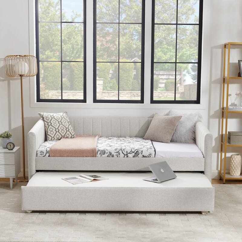 Twin/Full Size Daybed with Trundle, Upholstered Sofa Bed with Vertical Stripes, Linen Fabric, Comfortable Seating for Bedroom