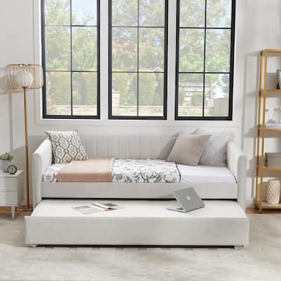 Twin Size Daybed Vertical Stripes Upholstered Sofa Bed with Trundle