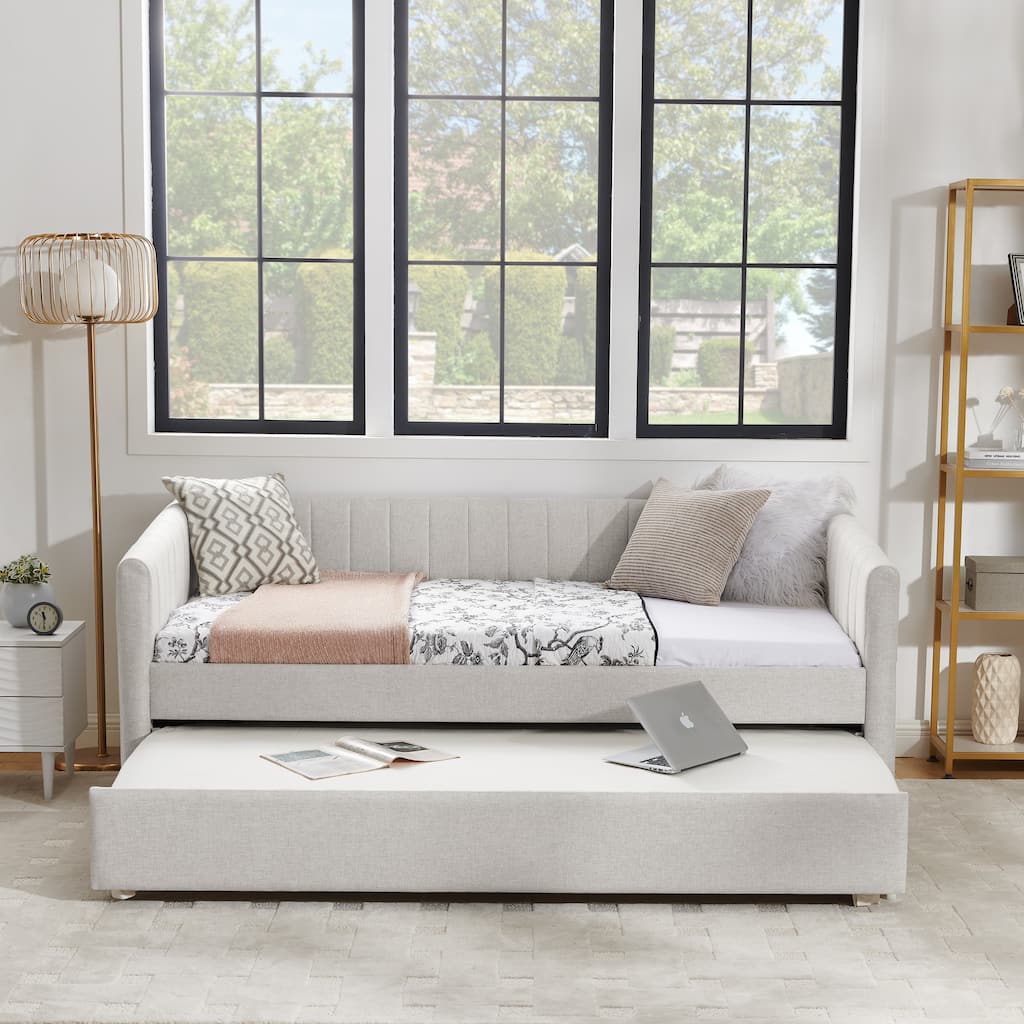 Twin Size Daybed Vertical Stripes Upholstered Sofa Bed with Trundle