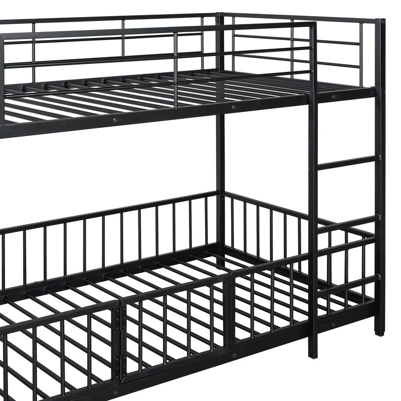 Twin over Twin Metal Bunk Bed with Slide, Guardrails, and Convertible Loft Design, Black