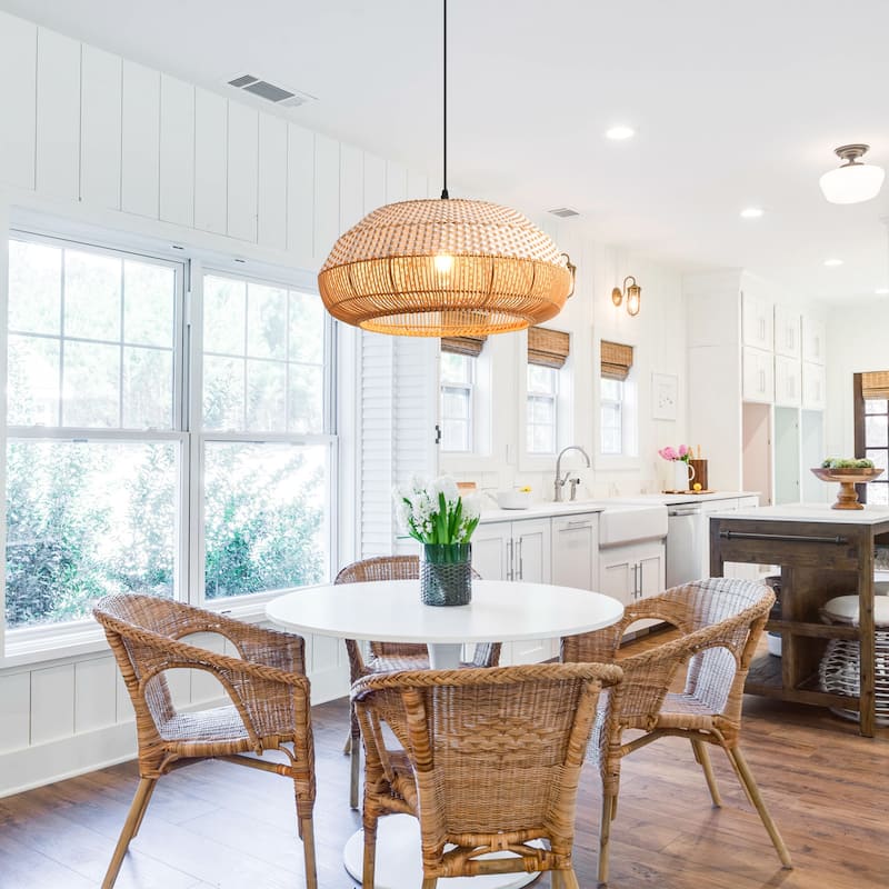 18.9" Boho White Hand Woven Rattan Caged Pendant Light for Kitchen Island, Dining Room and Living Room