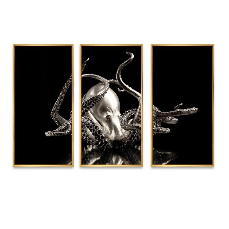 Designart "Silver Octopus" Abstract Framed Canvas Wall Art Print Set of