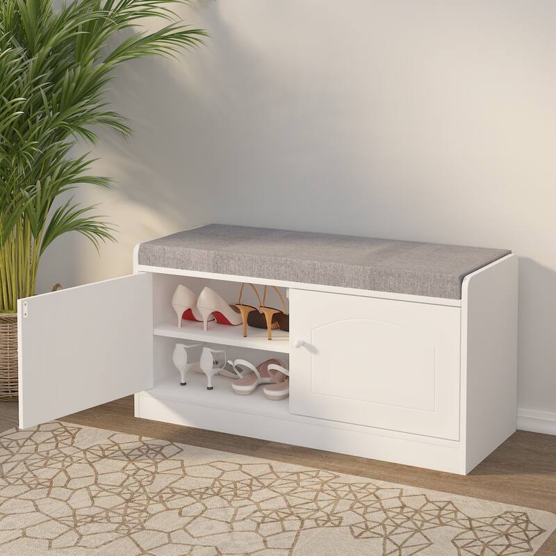 Entryway Bench Shoe Storage Bench with 2 Door Cabinet, Entryway Bench with Shoe Storage and Adjustable Shelves