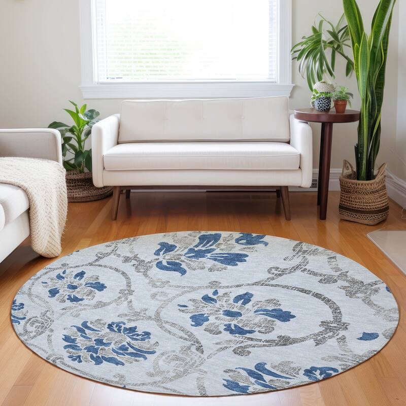 Premium Washable Super Soft Persian Floral Mayfield Rug - Sky - 8' x 8' - Round