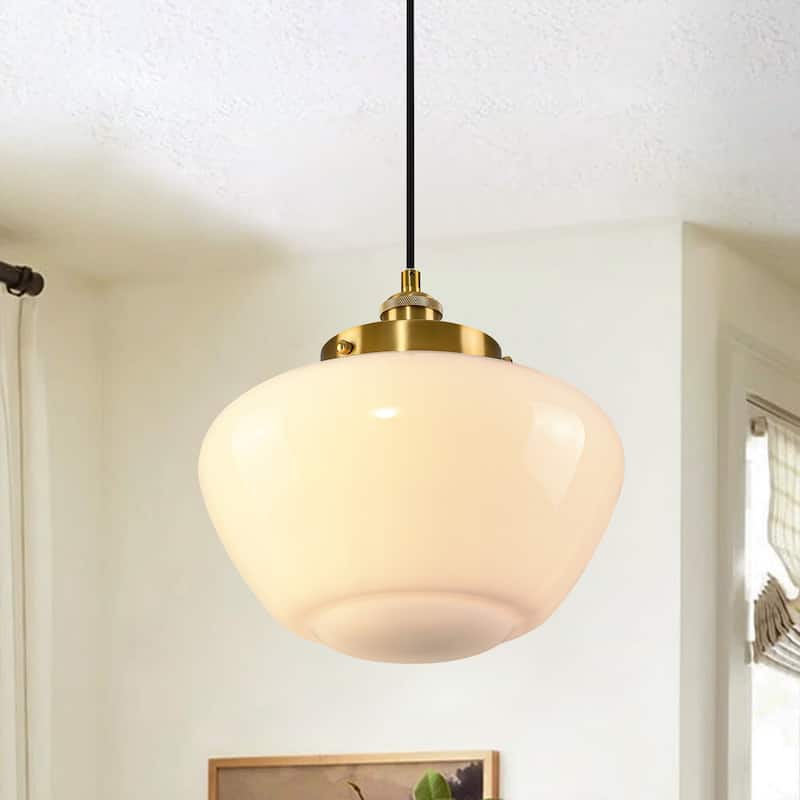1-Light Mid-Century Modern Brass/Black Frosted Glass Globe Dome Pendant Light - Brass