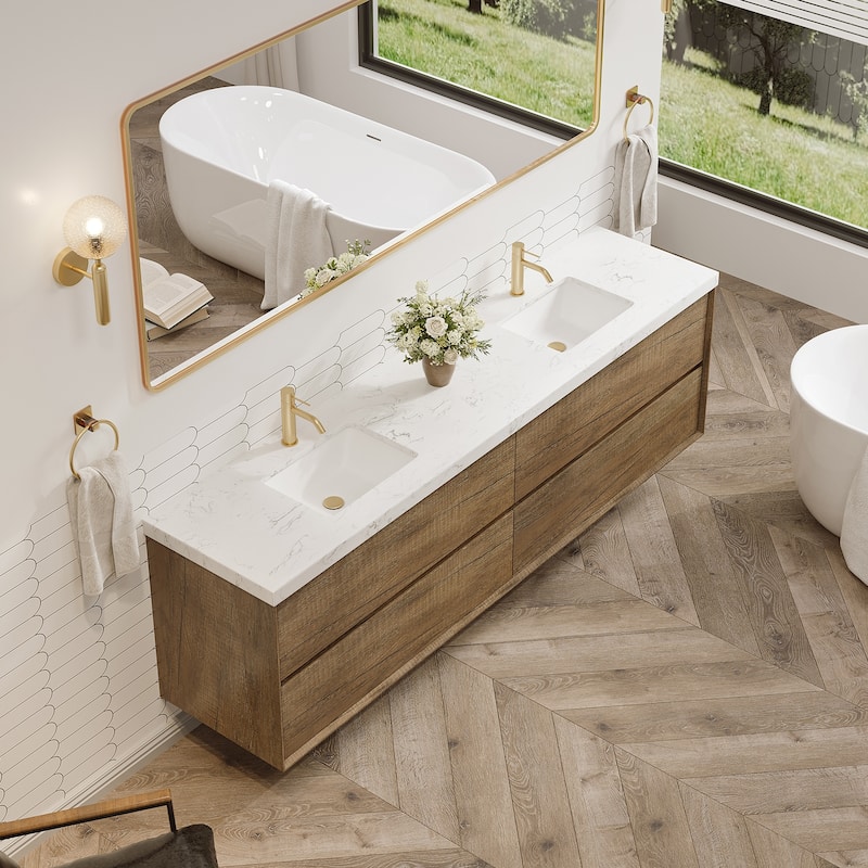 24"30"36"48"60"72" Floating Bathroom Vanity Engineered Stone Top with Rectangular Ceramic Undermount Sink
