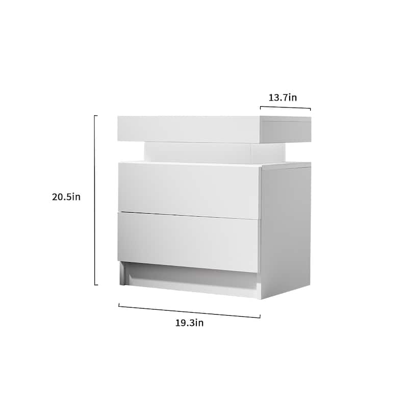 Nightstand with Adjustable LED Lights, Sofa Side Table with Open Shelves & 2 Drawers, Multi-functiona Wooden Coffee Table - White