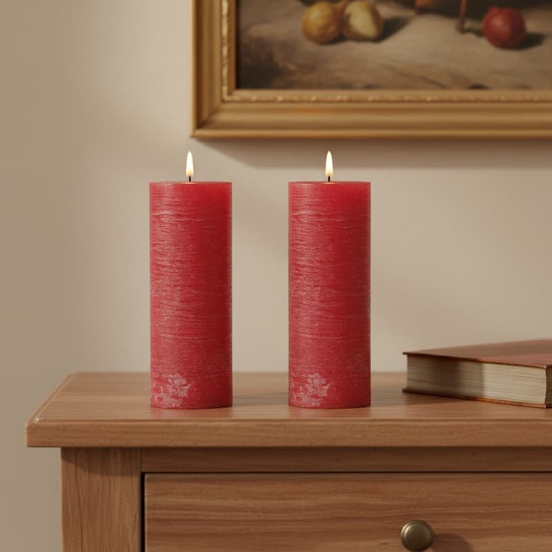 Set of Two Red Flameless Pillar Candles - Red