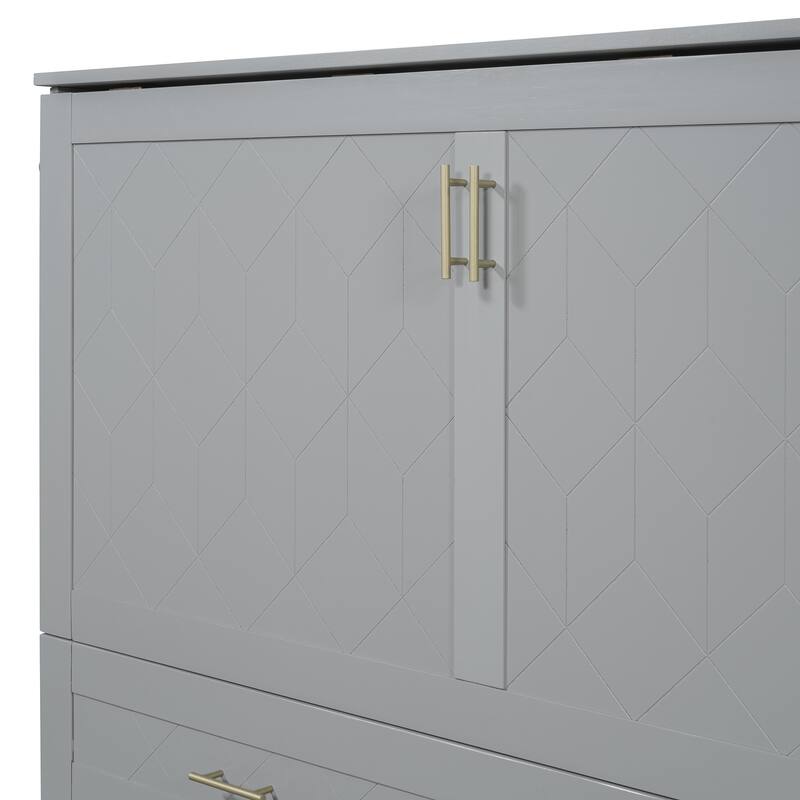 Gray Queen Size Wooden Loft Bed with Upholstered Storage Shelf and Desk