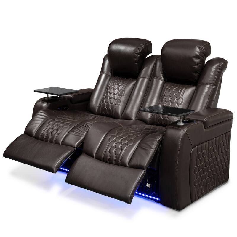 Roomfitters 62" Power Recliner 2-Piece Set, Top-Grain Nappa Leather, 30-Color RGB LED & USB-C Charging, Coffee