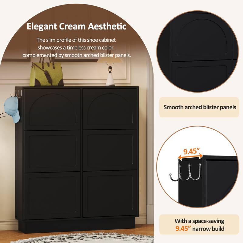 Narrow Shoe Cabinet with 6 Flip Drawers - Space Saving Entryway Organizer with Adjustable Shelf & 3 Hooks