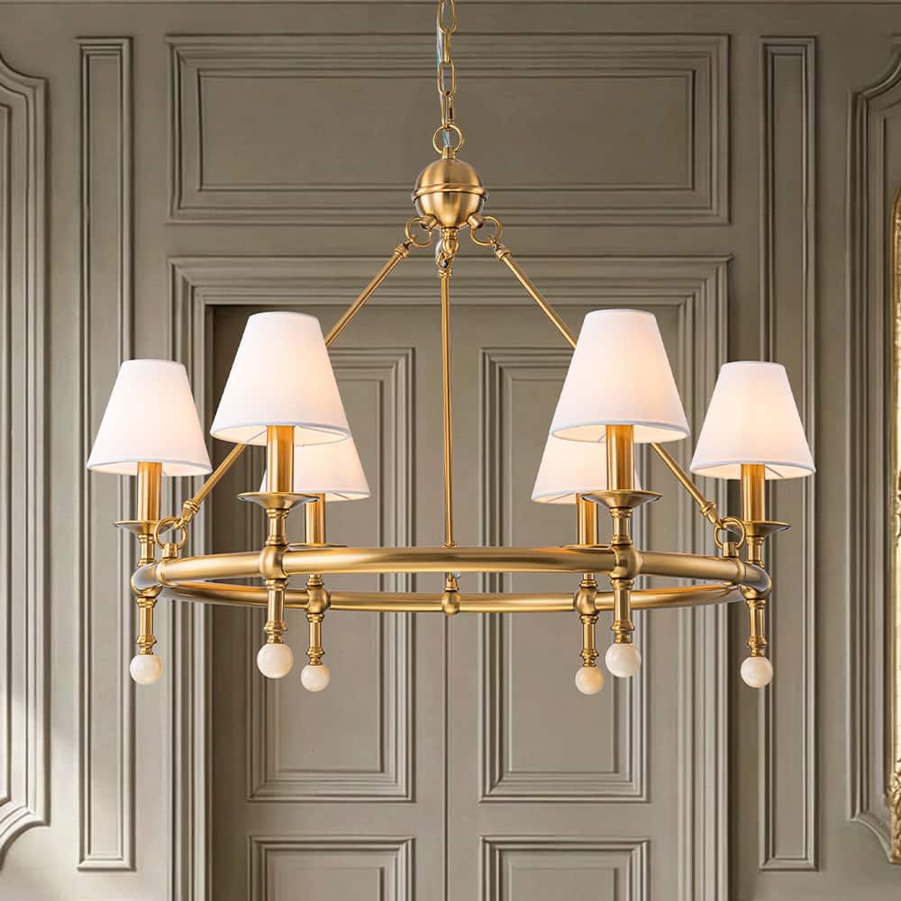 34'' Vintage Brass 6-Light Chandelier Unique Classic Pendant with White Fabric Shades and Alabaster Finials for Dining Room