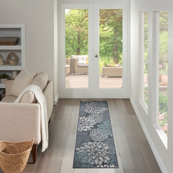 slide 2 of 7, Nourison Garden Oasis Indoor/Outdoor Blue Floral Tropical Area Rug 2' x 6' - Navy