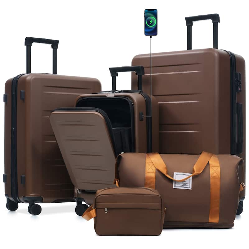 Luggage Sets 5 Piece with Front Opening, Hardside Expandable Carry On Suitcase Set with Double Spinner Wheel, with USB Port - Brown