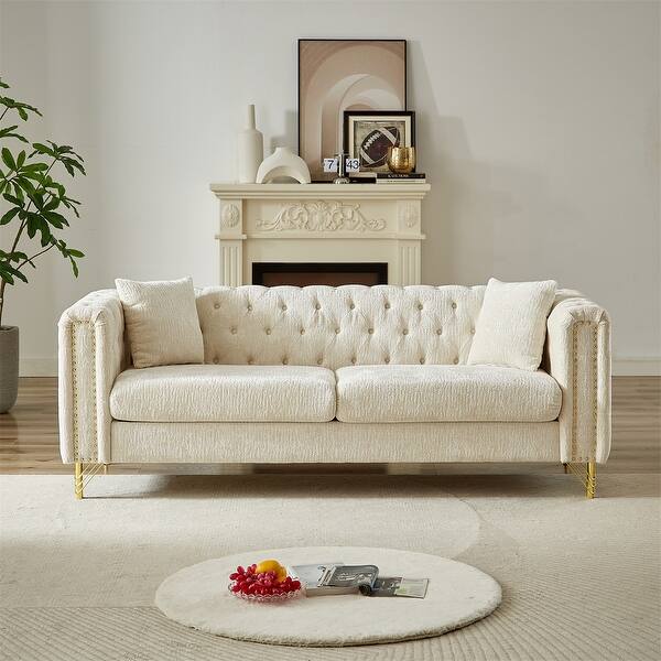 slide 2 of 20, 82" Chenille Pull Buckle Sofa with Copper Nail Decoration Armrest