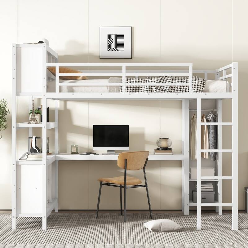 Metal Loft Bed with Wardrobe,L-shaped Desk,Storage Cubes and Shelves - Off White