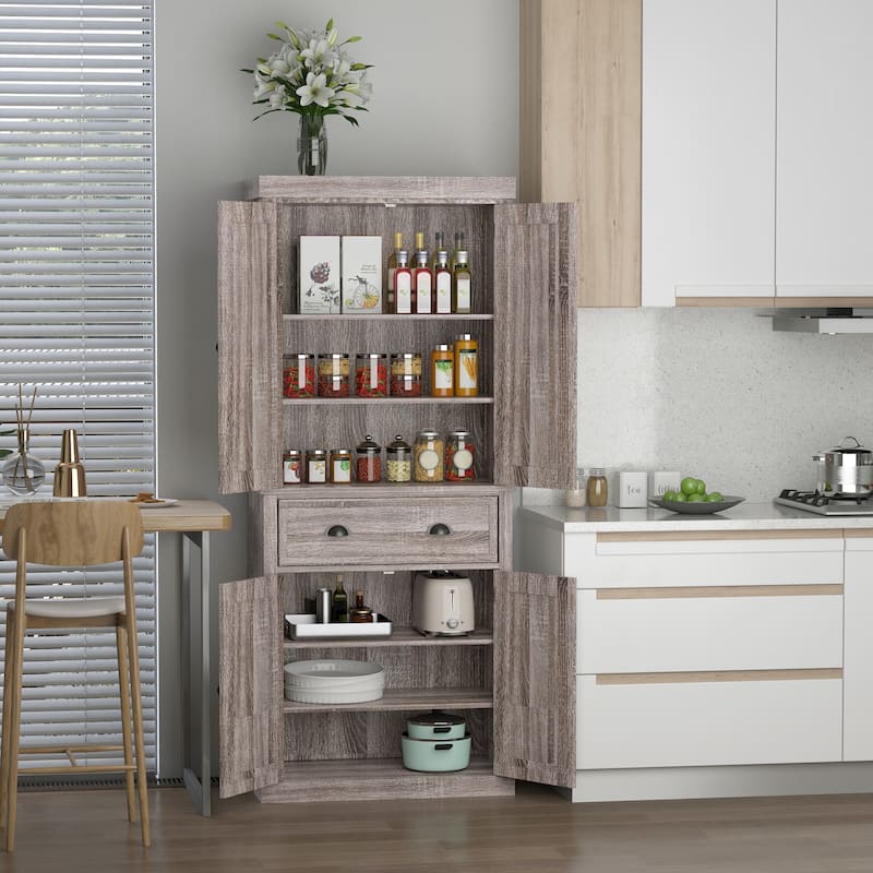 HOMCOM 72" Traditional Freestanding Kitchen Pantry Cupboard with 2 Cabinet,Drawer and Adjustable Shelves - N/A