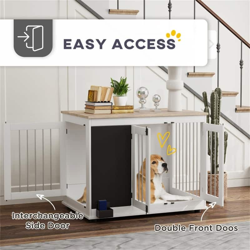White Dog Crate with Steel Bars, Double Front Doors - 38.6" W x 25.6" D x 30.7" H - White