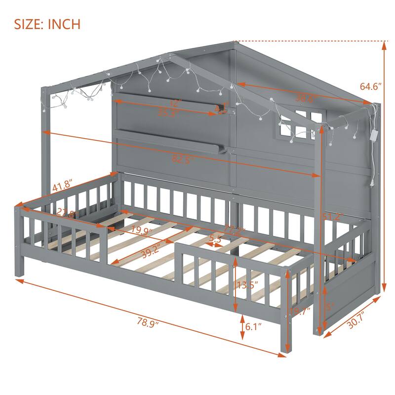Twin House Bed with Window, Roof Light Strip, and Storage Shelves, Pine Wood Construction