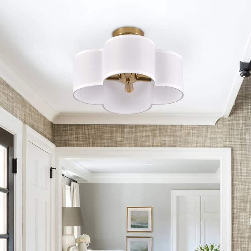 13 Inch 4-Light Semi-Flush Mount Off-White Fabric Drum Shade Ceiling Light